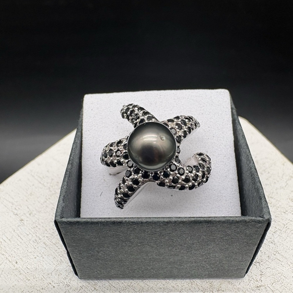 Ww Starfish Ring Women 7.5 Silver Excellent Black Spinel Pearl Statement 925